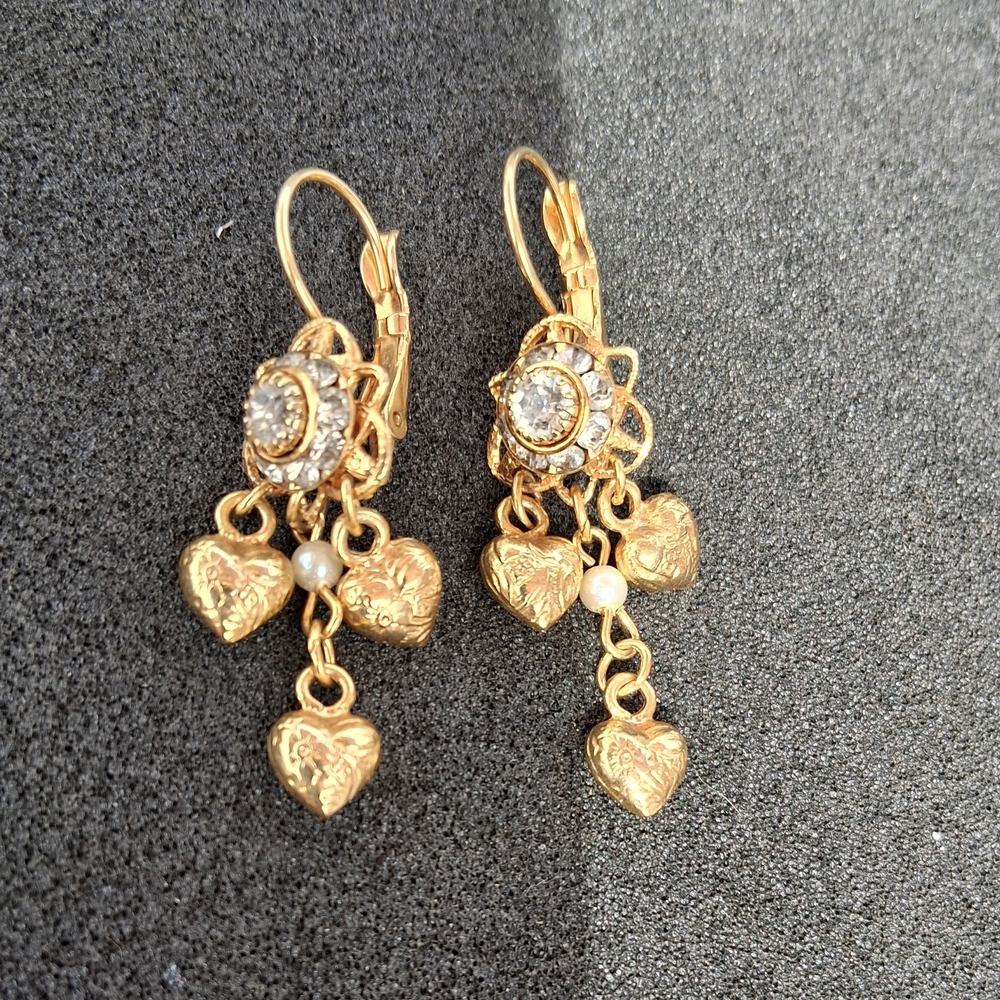 Gold Heart Drop Earrings with Crystal and Pearl Accents